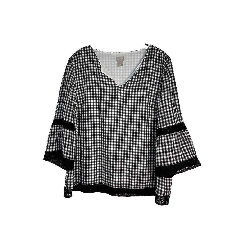 Chicos Eyelet Picnic V kneck Gingham Black 3/4  blouse  1 Top M 6 8